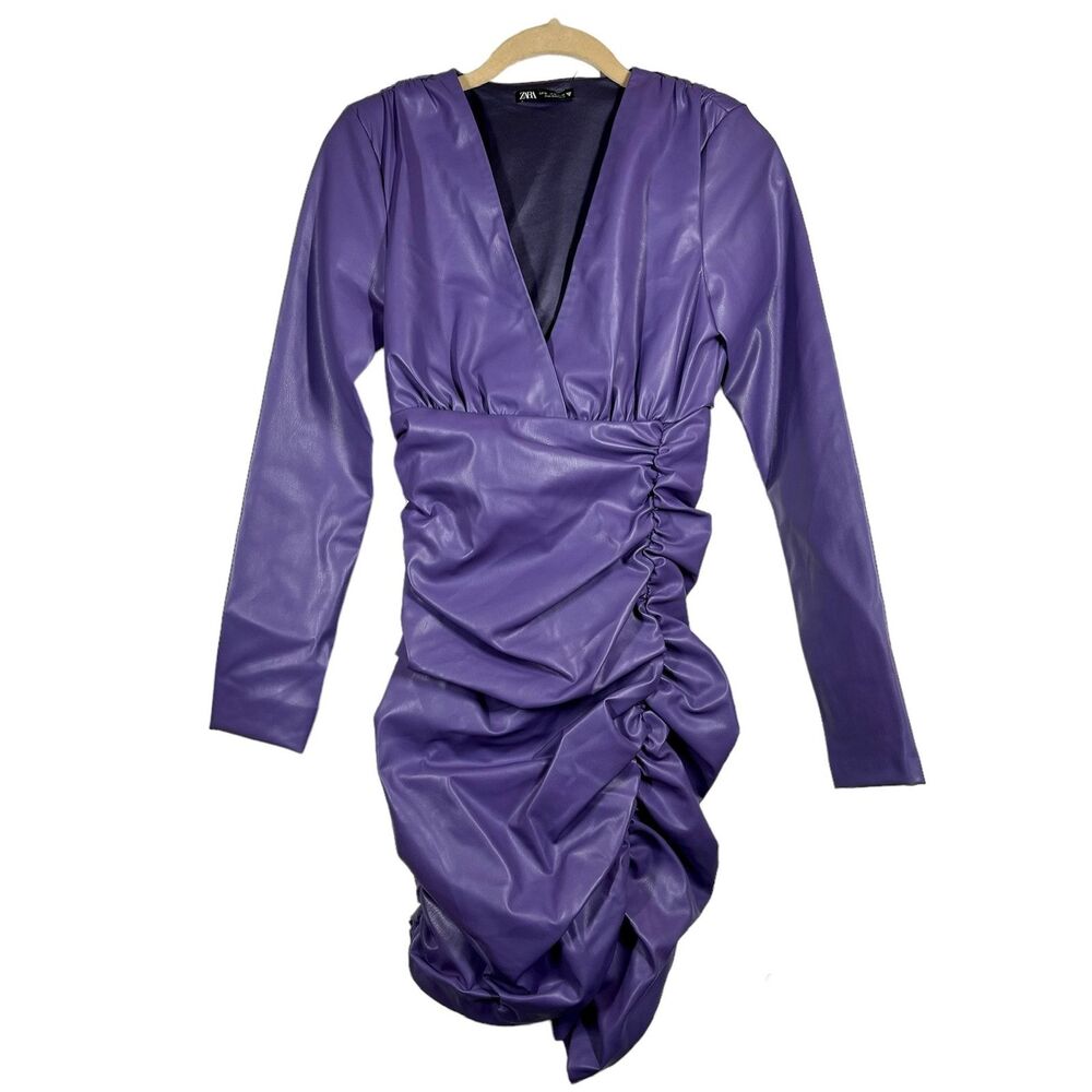 Zara purple faux leather body con ruched dress long sleeved size XS baddie flare